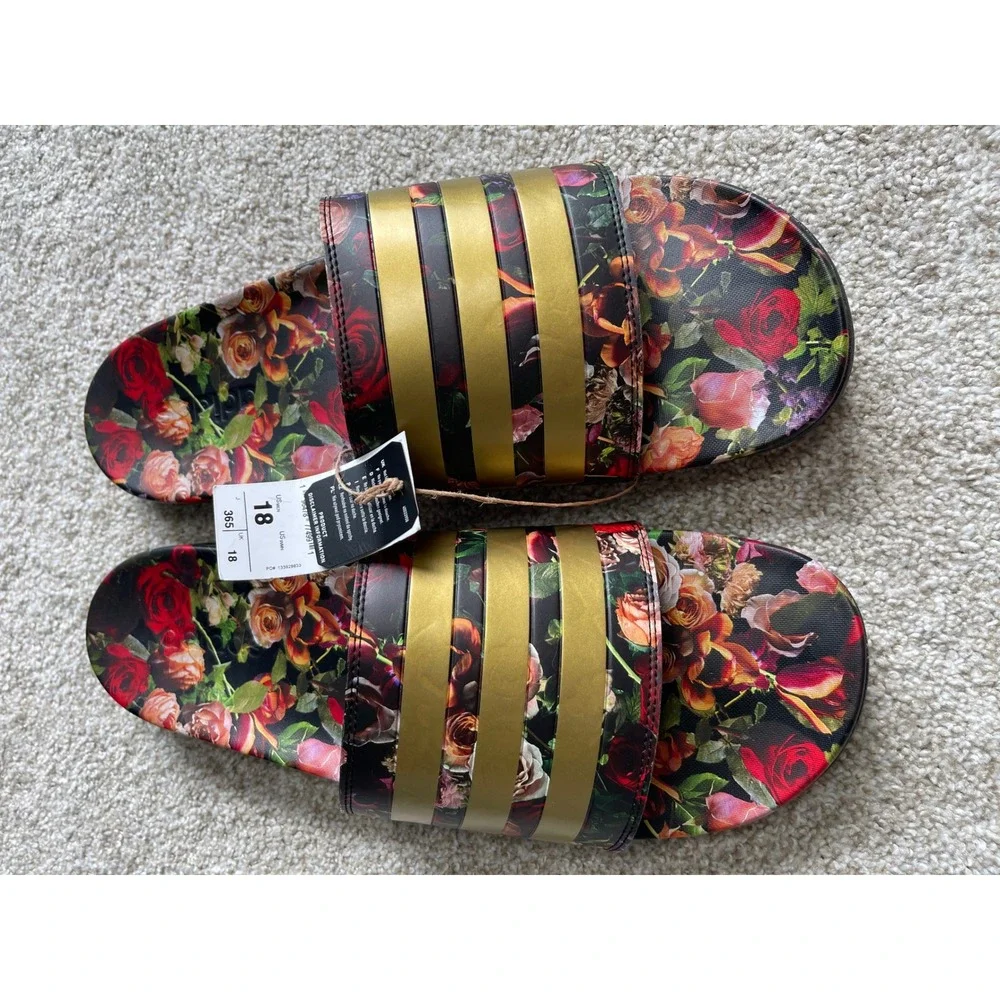 Adidas Adilette Comfort Slides Mens 18 Floral Rose Gold Stripes Sandals EG1850
